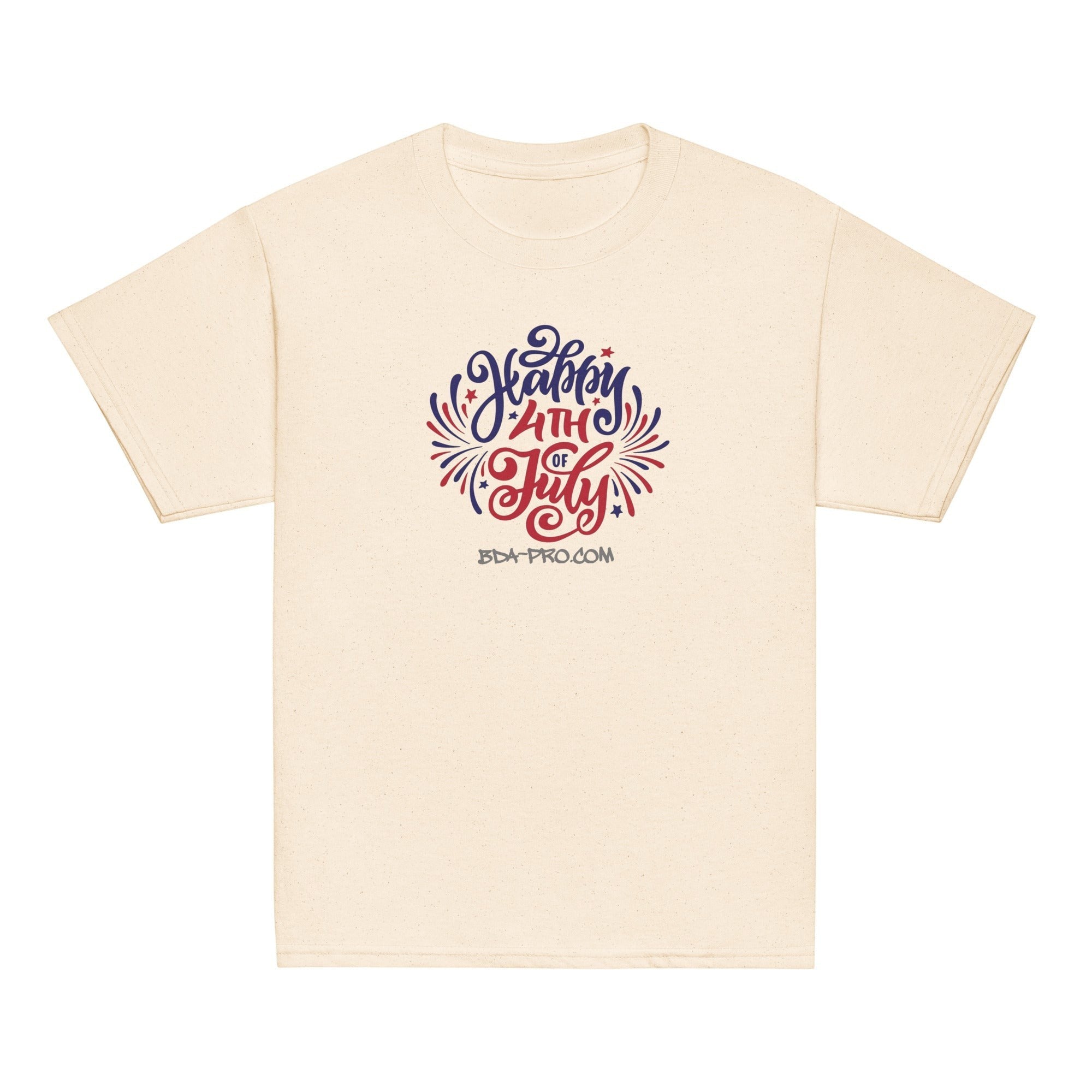 Big Daddy Allen Productions kids' cream cotton t-shirt with "Happy 4th of July" graphic in red, white, and blue fireworks.