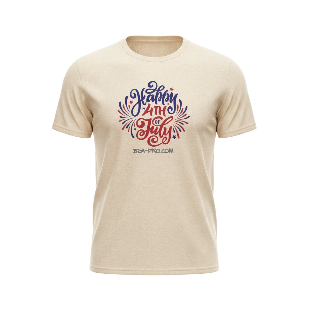 Big Daddy Allen Productions kids' cream cotton t-shirt with "Happy 4th of July" graphic in red, white, and blue fireworks.