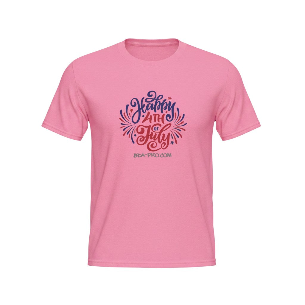 Big Daddy Allen Productions pink cotton t-shirt with "Happy 4th of July" graphic in red, white, and blue fireworks.