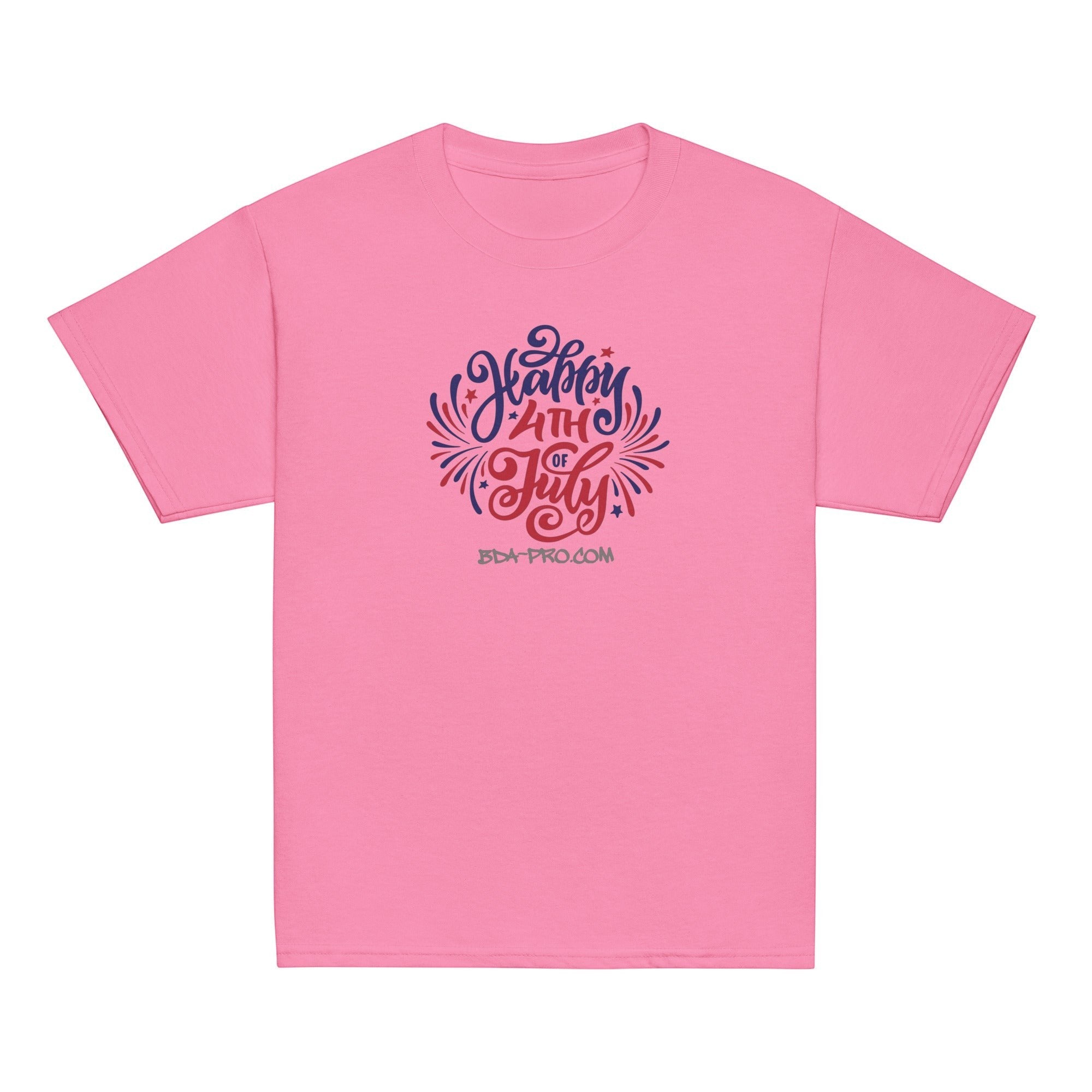 Big Daddy Allen Productions pink cotton t-shirt with "Happy 4th of July" graphic in red, white, and blue fireworks.