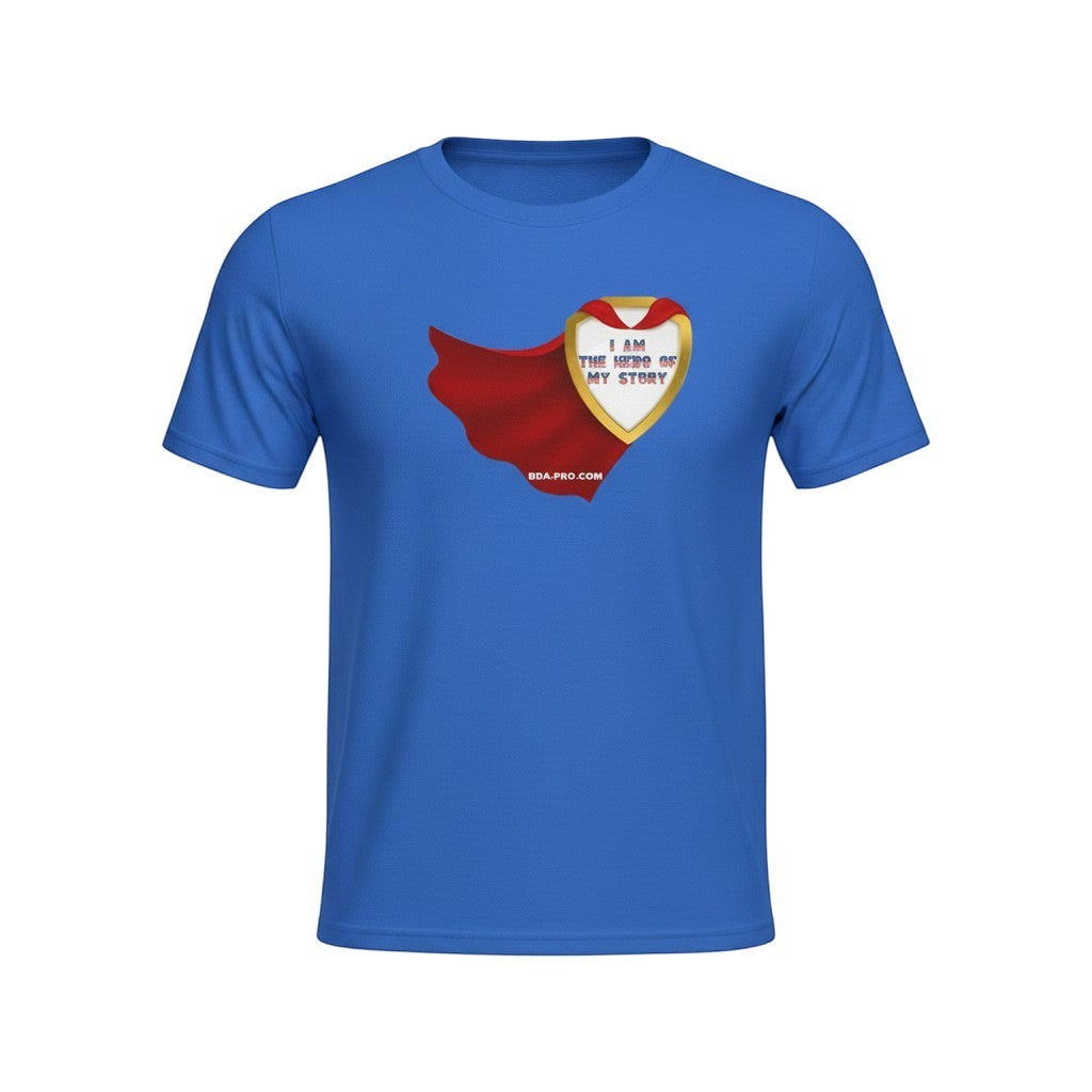 Big Daddy Allen Productions blue cotton t-shirt with a superhero shield graphic that says "I AM THE HERO OF MY STORY" and a red cape.