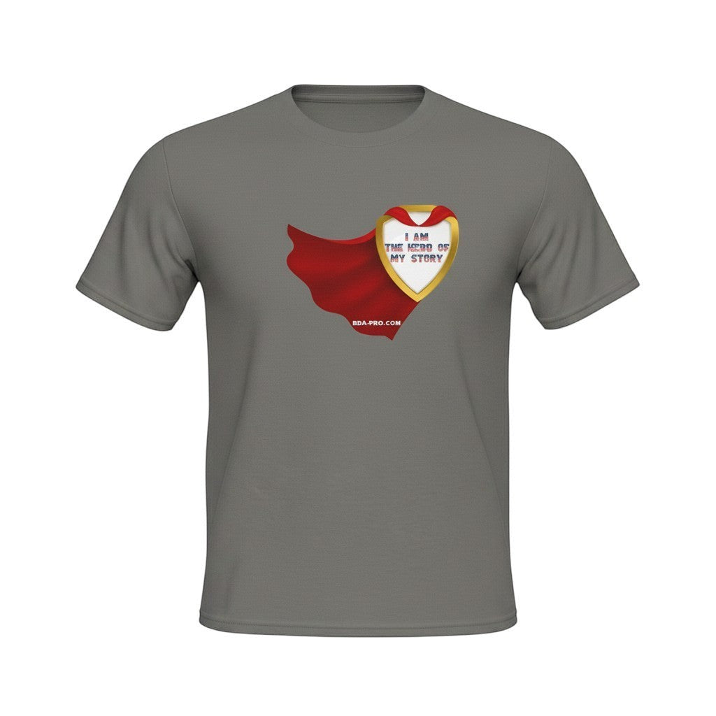 Big Daddy Allen Productions grey cotton t-shirt with a superhero shield graphic that says "I AM THE HERO OF MY STORY" and a red cape.
