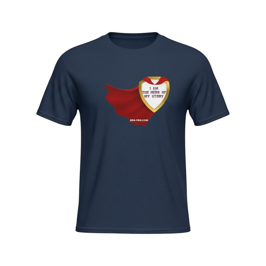 Big Daddy Allen Productions navy blue cotton t-shirt with a superhero shield graphic that says "I AM THE HERO OF MY STORY" and a red cape.