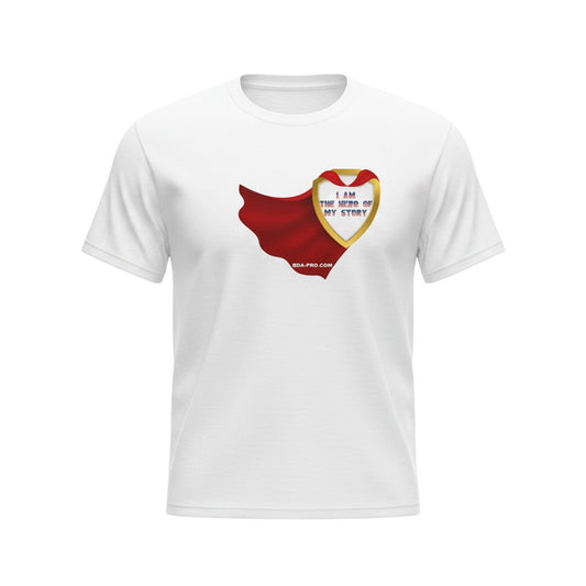 Big Daddy Allen Productions white cotton t-shirt with a superhero shield graphic and red cape, saying "I AM THE HERO OF MY STORY".