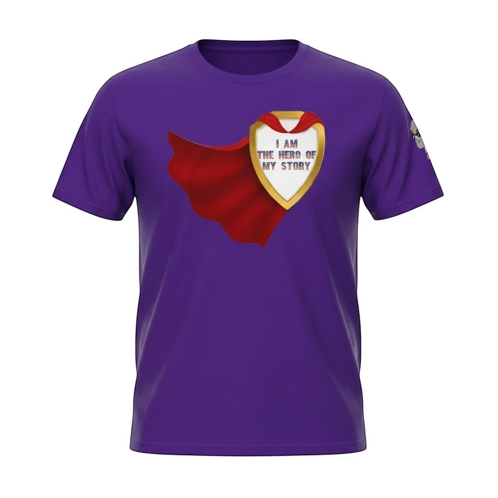 Big Daddy Allen Productions purple cotton t-shirt with a golden shield graphic that says "I AM THE HERO OF MY STORY" and a red superhero cape.