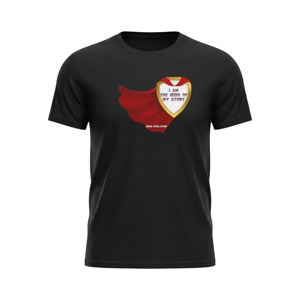 Big Daddy Allen Productions black cotton kid's t-shirt with a superhero shield graphic and red cape. Message reads "I AM THE HERO OF MY STORY".