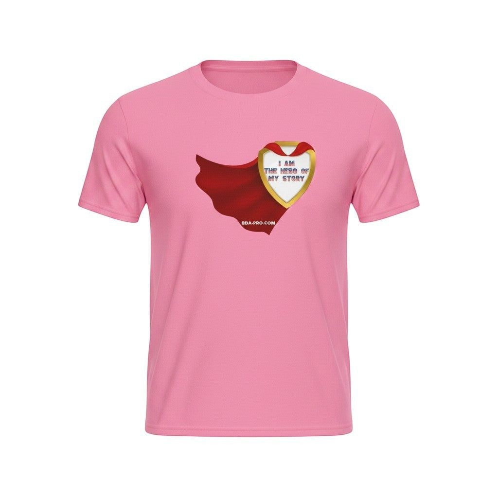Big Daddy Allen Productions pink cotton t-shirt with a superhero shield graphic that says "I AM THE HERO OF MY STORY" and a red cape.