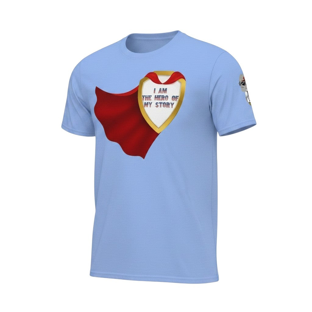 Big Daddy Allen Productions light blue cotton t-shirt with a golden shield graphic that reads "I AM THE HERO OF MY STORY" and a red cape.