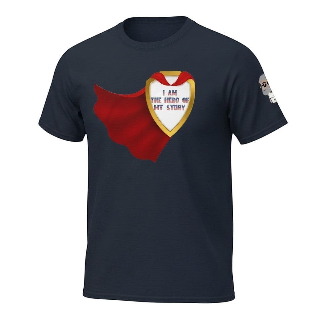 Big Daddy Allen Productions navy cotton t-shirt with a golden shield graphic and red cape, reading "I AM THE HERO OF MY STORY".