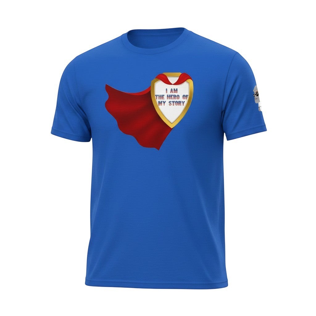 Big Daddy Allen Productions blue cotton t-shirt with a golden shield graphic that says "I AM THE HERO OF MY STORY" and a red cape.