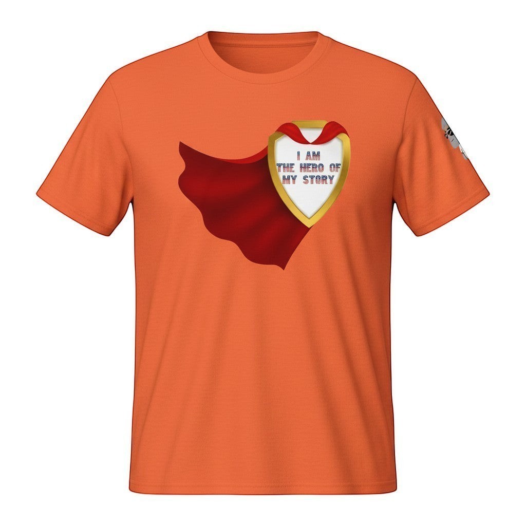 Big Daddy Allen Productions orange cotton t-shirt with a golden shield graphic that says "I AM THE HERO OF MY STORY" and a red cape.