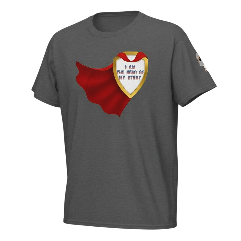Big Daddy Allen Productions grey cotton t-shirt with a golden shield graphic and red cape, saying "I AM THE HERO OF MY STORY".