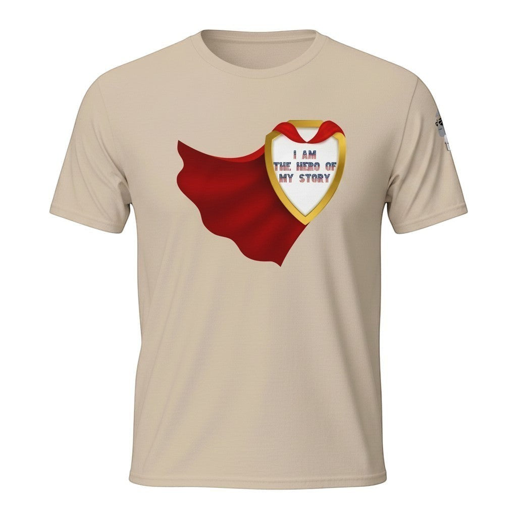 Big Daddy Allen Productions beige cotton t-shirt with a golden shield graphic and red cape, reading "I AM THE HERO OF MY STORY".