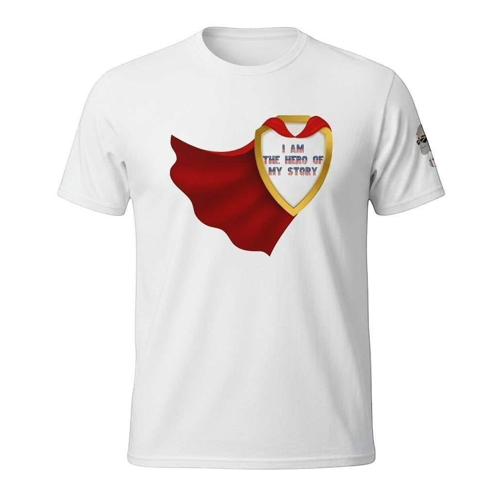 Big Daddy Allen Productions white cotton t-shirt with a golden shield graphic that says "I AM THE HERO OF MY STORY" and a red cape.