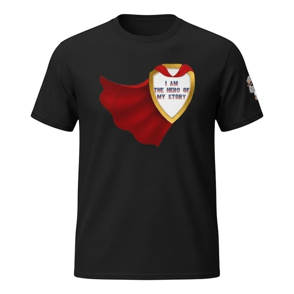 Big Daddy Allen Productions black cotton t-shirt with a golden shield graphic that reads "I AM THE HERO OF MY STORY" and a red cape.