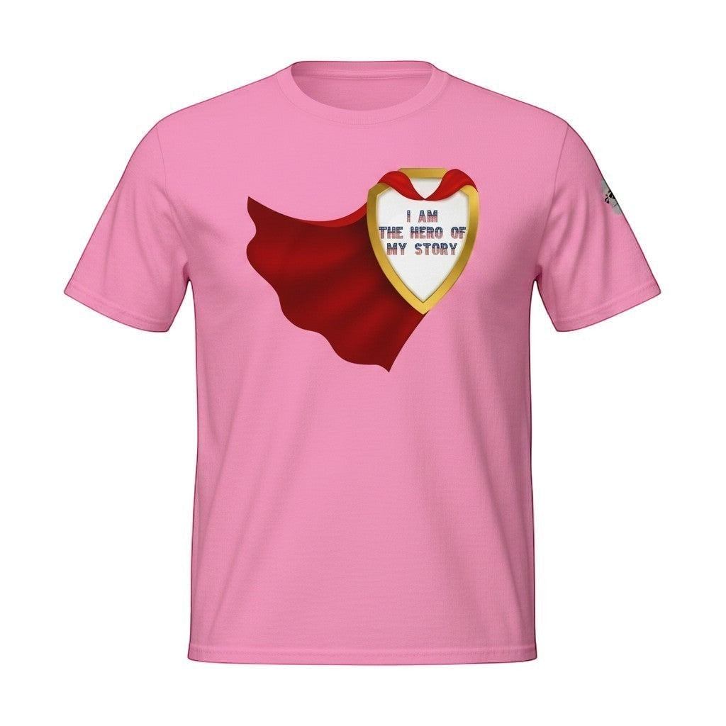 Big Daddy Allen Productions pink cotton t-shirt with a red superhero cape graphic and a golden shield that says "I AM THE HERO OF MY STORY".