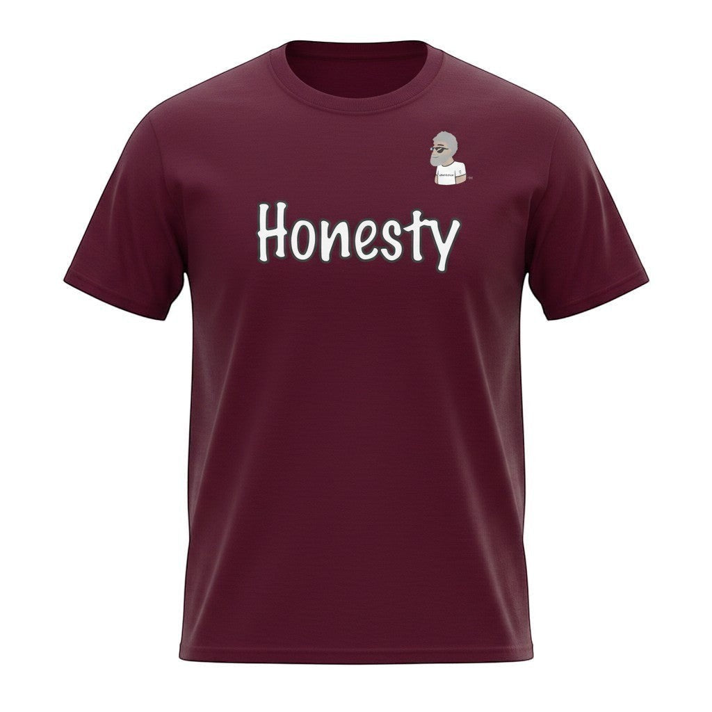 Big Daddy Allen Productions burgundy cotton t-shirt with white "Honesty" graphic and BDA logo on left breast.
