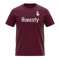 Big Daddy Allen Productions burgundy cotton t-shirt with white "Honesty" graphic and BDA logo on left breast.