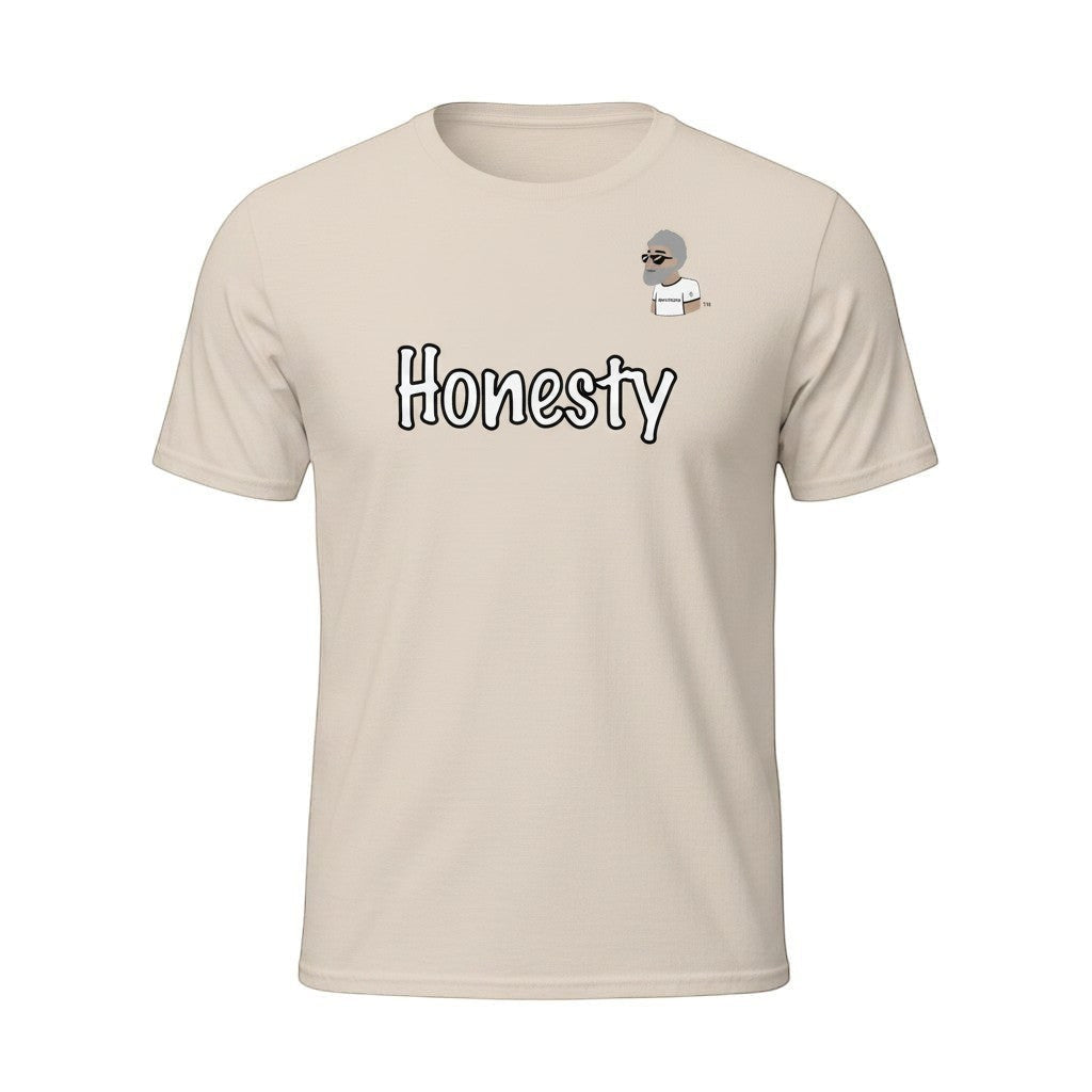 Big Daddy Allen Productions Honesty graphic t-shirt in cream cotton with white text and BDA logo.