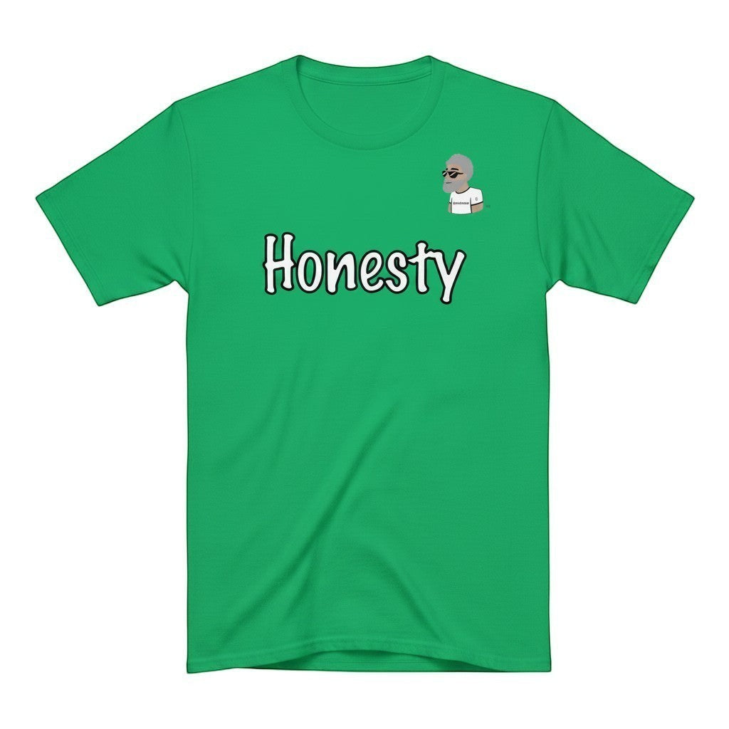 Big Daddy Allen Productions green cotton t-shirt with white "Honesty" graphic and BDA logo on chest.