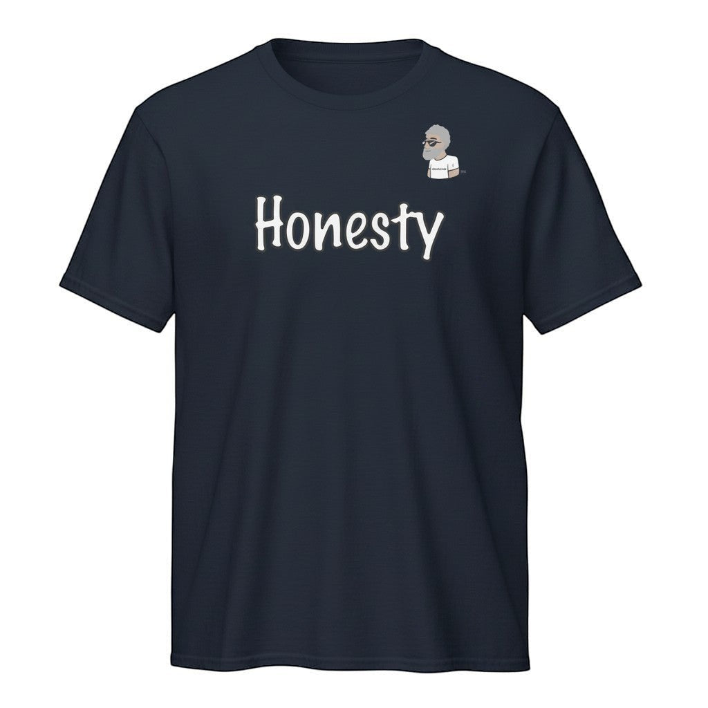 Big Daddy Allen Productions navy cotton t-shirt with white "Honesty" graphic and BDA logo.