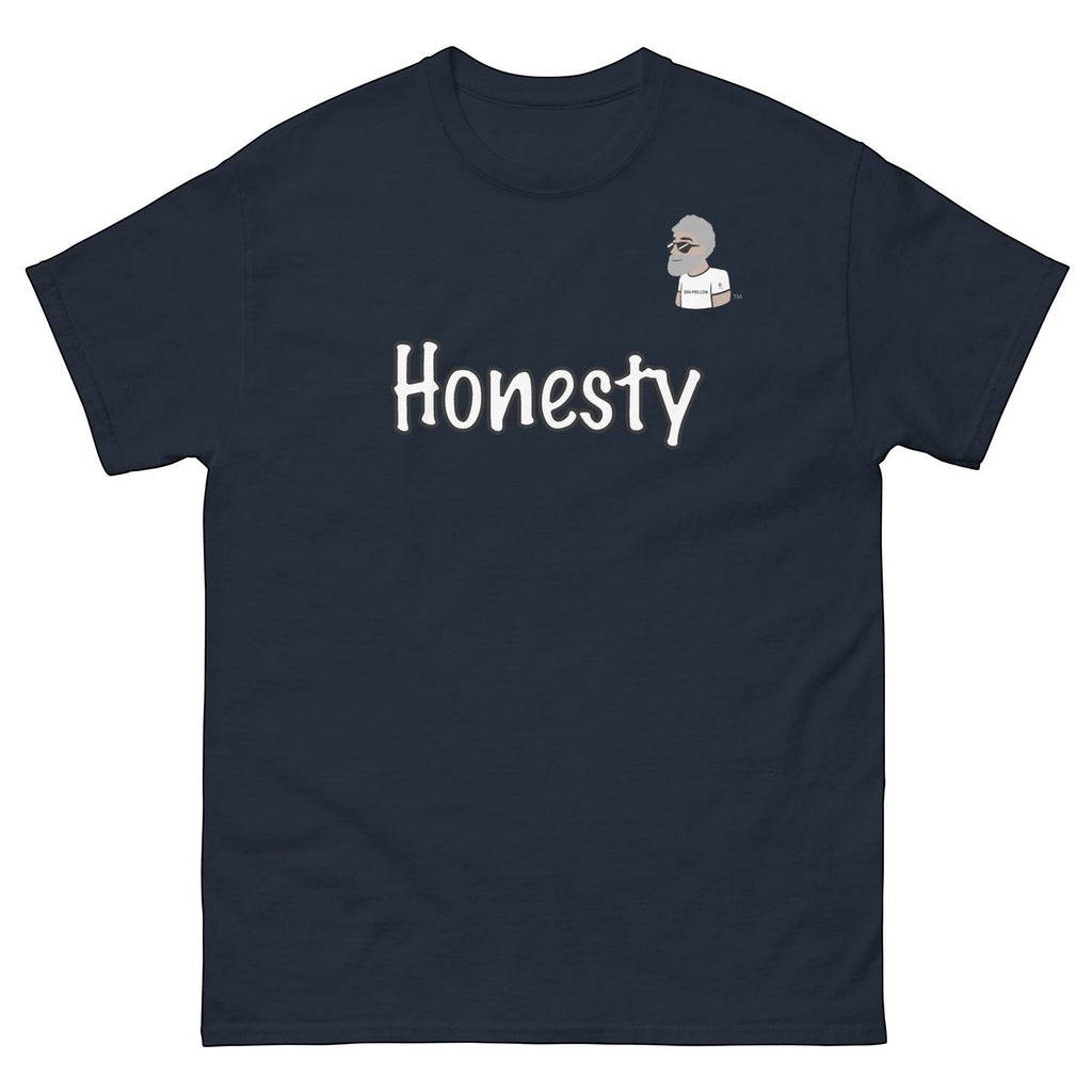 Big Daddy Allen Productions navy cotton t-shirt with white "Honesty" graphic and BDA logo.