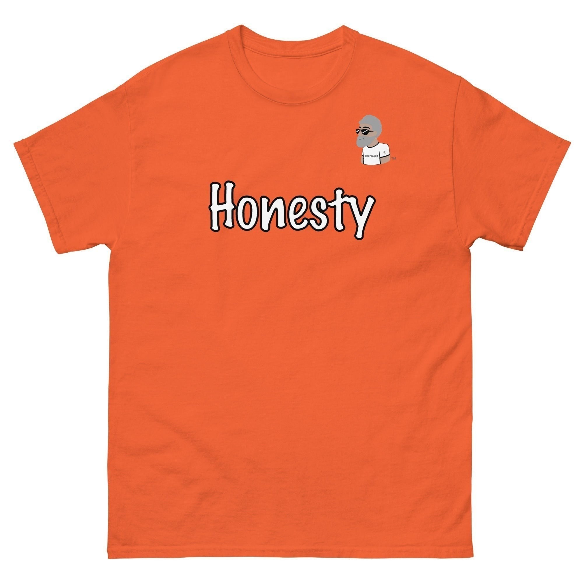 Big Daddy Allen Productions orange cotton t-shirt with white "Honesty" graphic and BDA logo on chest.