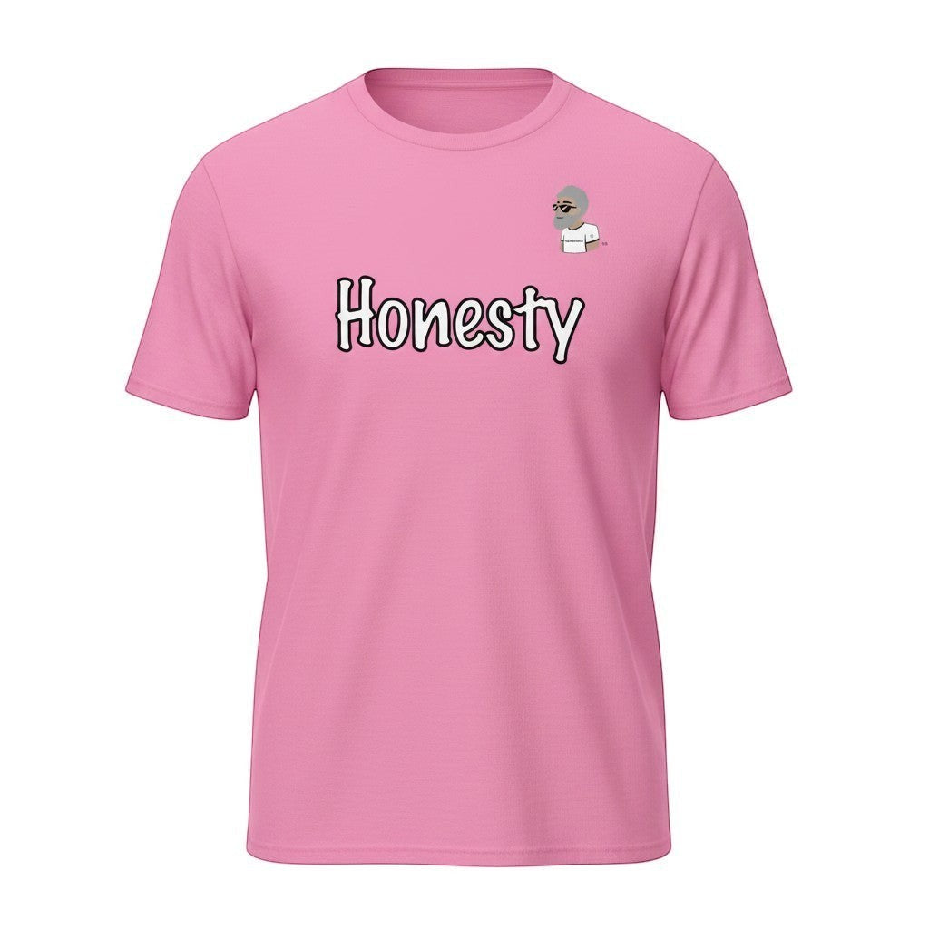 Big Daddy Allen Productions pink cotton t-shirt with white "Honesty" graphic and BDA logo.