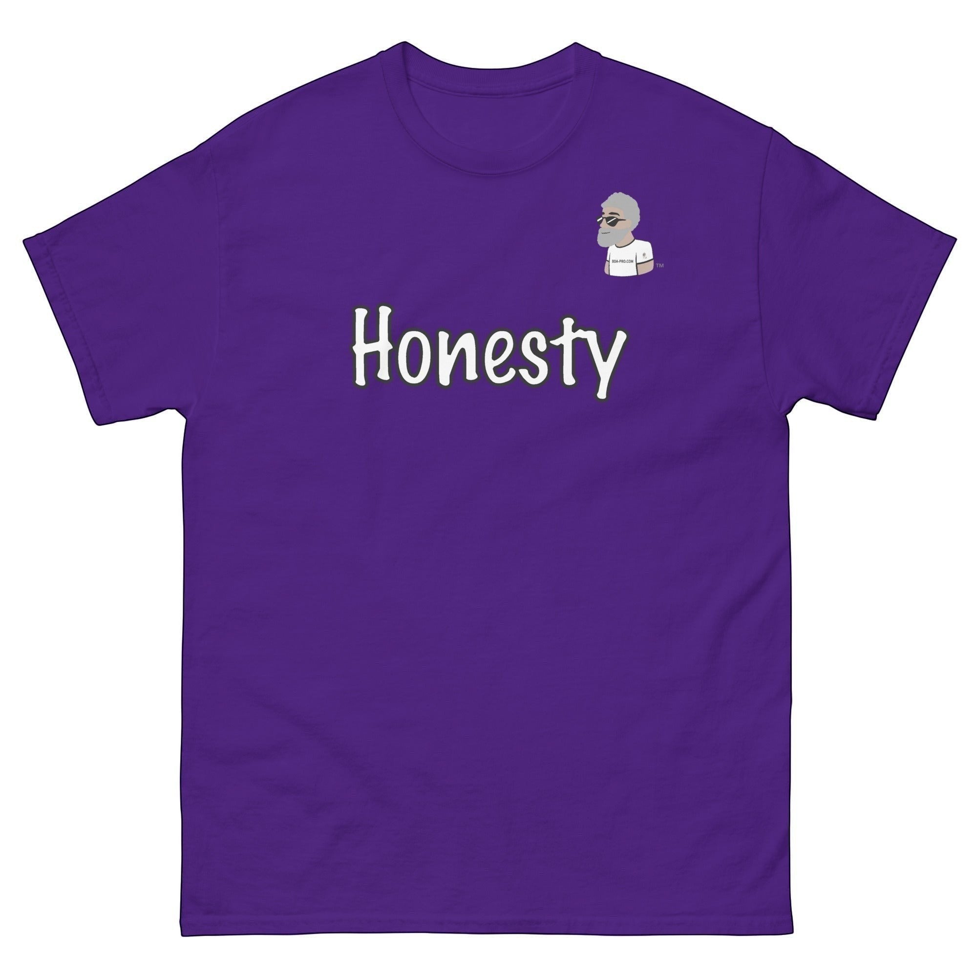 Big Daddy Allen Productions purple cotton t-shirt with white "Honesty" graphic and BDA logo on chest.