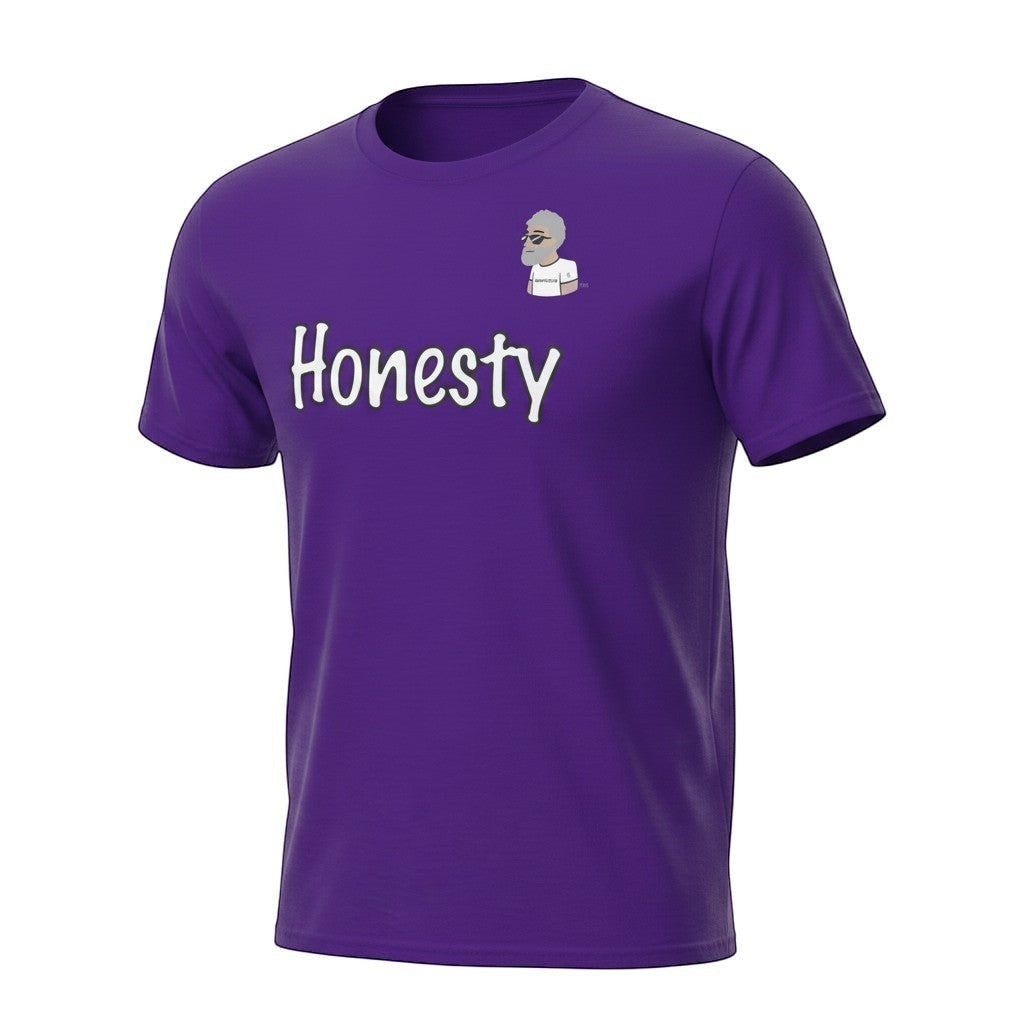Big Daddy Allen Productions purple cotton t-shirt with white "Honesty" graphic and BDA logo on chest.
