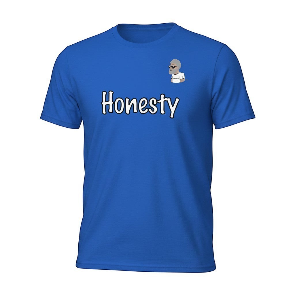 Big Daddy Allen Productions royal blue cotton t-shirt with white "Honesty" graphic and BDA logo.