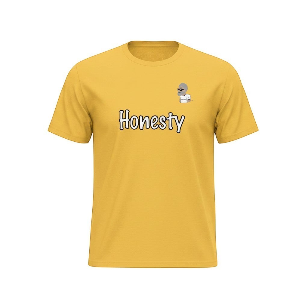 Big Daddy Allen Productions yellow cotton t-shirt with "Honesty" graphic and BDA logo on chest.