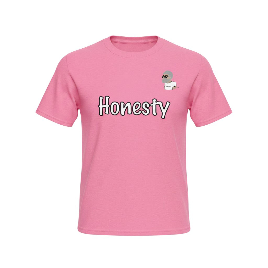 Big Daddy Allen Productions pink graphic t-shirt with "Honesty" in white font and a small character logo.
