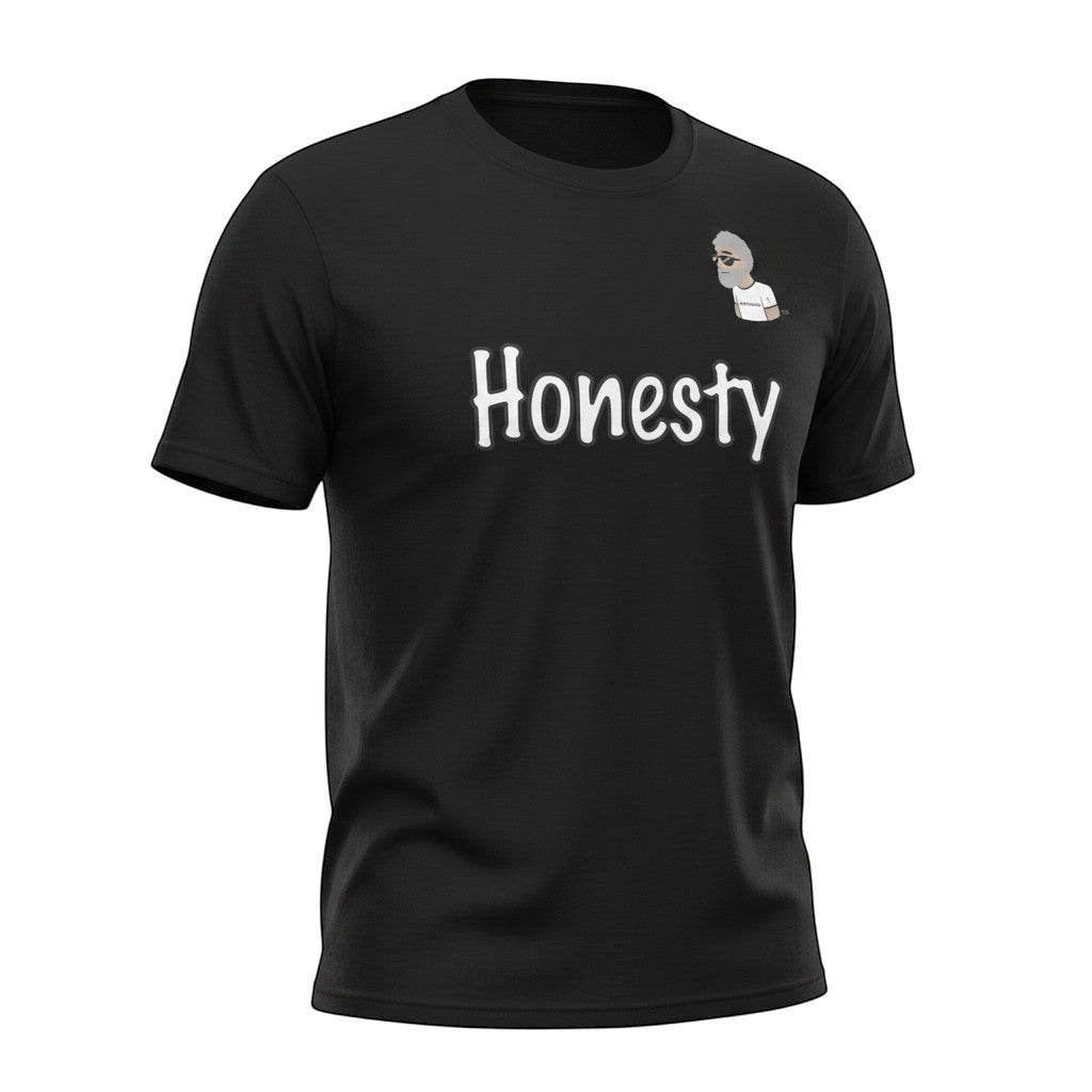 Big Daddy Allen Productions black cotton t-shirt with white "Honesty" graphic and BDA logo.