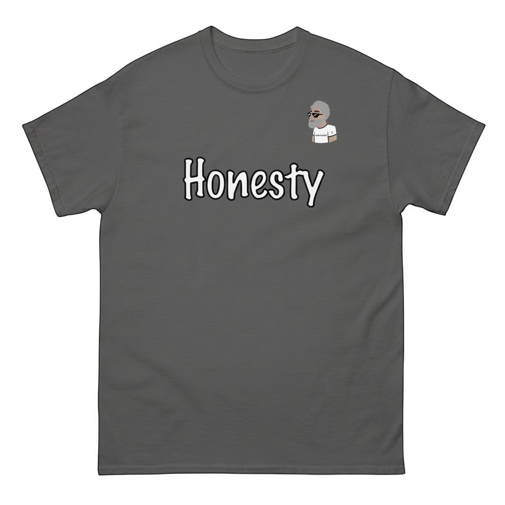 Big Daddy Allen Productions grey cotton t-shirt with white "Honesty" graphic and BDA logo on chest.