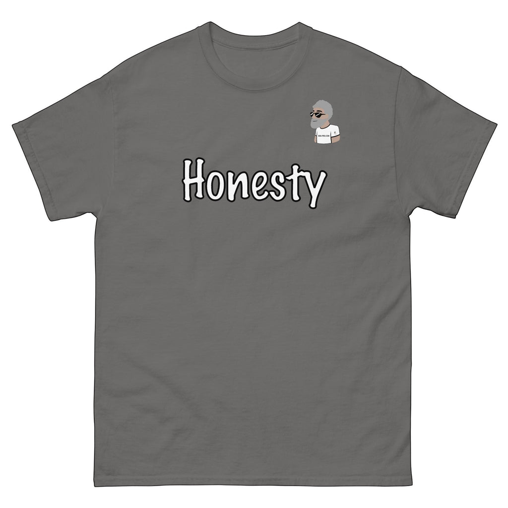 Big Daddy Allen Productions grey cotton t-shirt with white "Honesty" graphic and BDA logo on left breast.