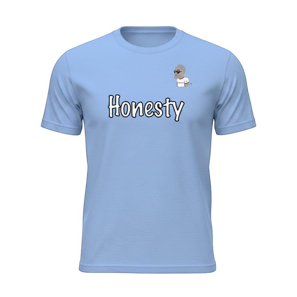 Big Daddy Allen Productions light blue cotton t-shirt with "Honesty" graphic and BDA logo on chest. Relaxed fit.
