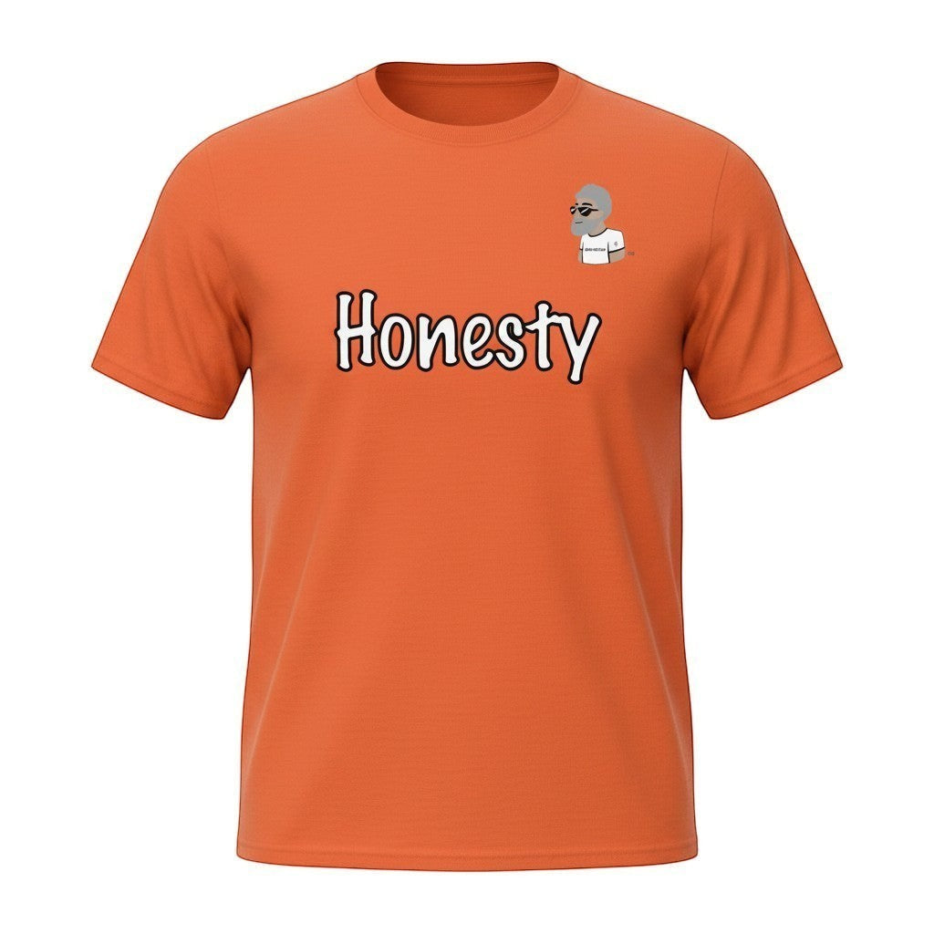 Big Daddy Allen Productions orange cotton t-shirt with white "Honesty" graphic and BDA logo.
