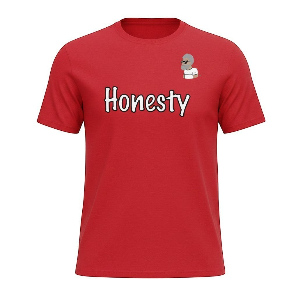 Big Daddy Allen Productions red cotton t-shirt with white "Honesty" graphic and BDA logo on chest.