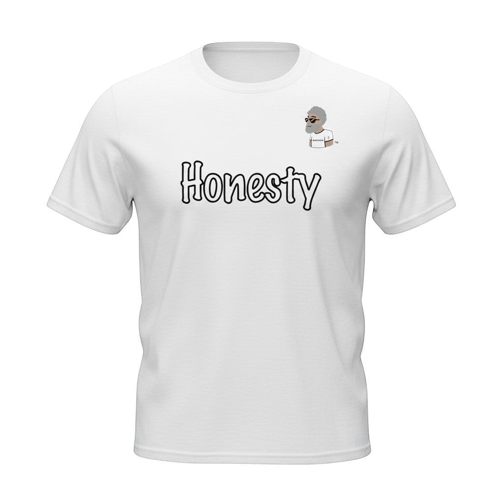 Big Daddy Allen Productions white cotton t-shirt with bold "Honesty" graphic and BDA logo.