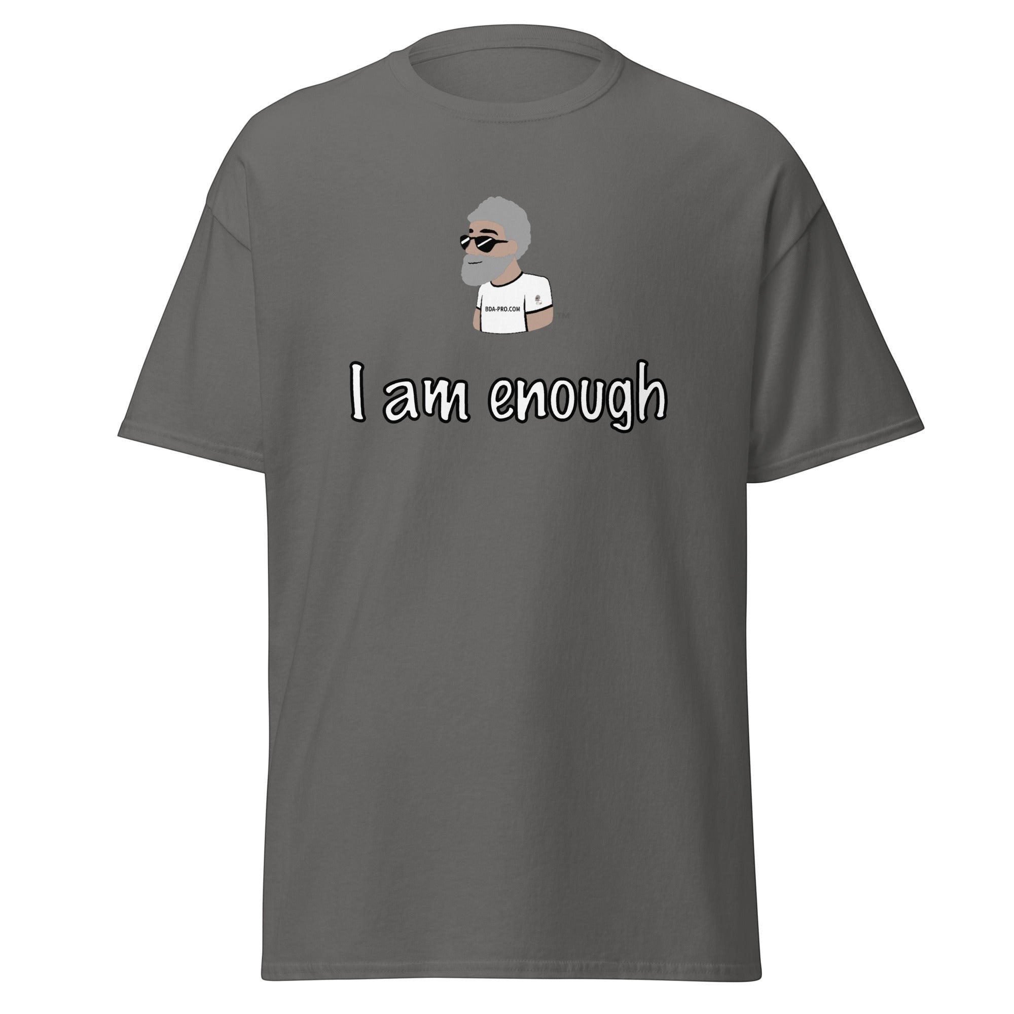 Big Daddy Allen Productions charcoal grey cotton t-shirt with graphic I am enough and BDA logo