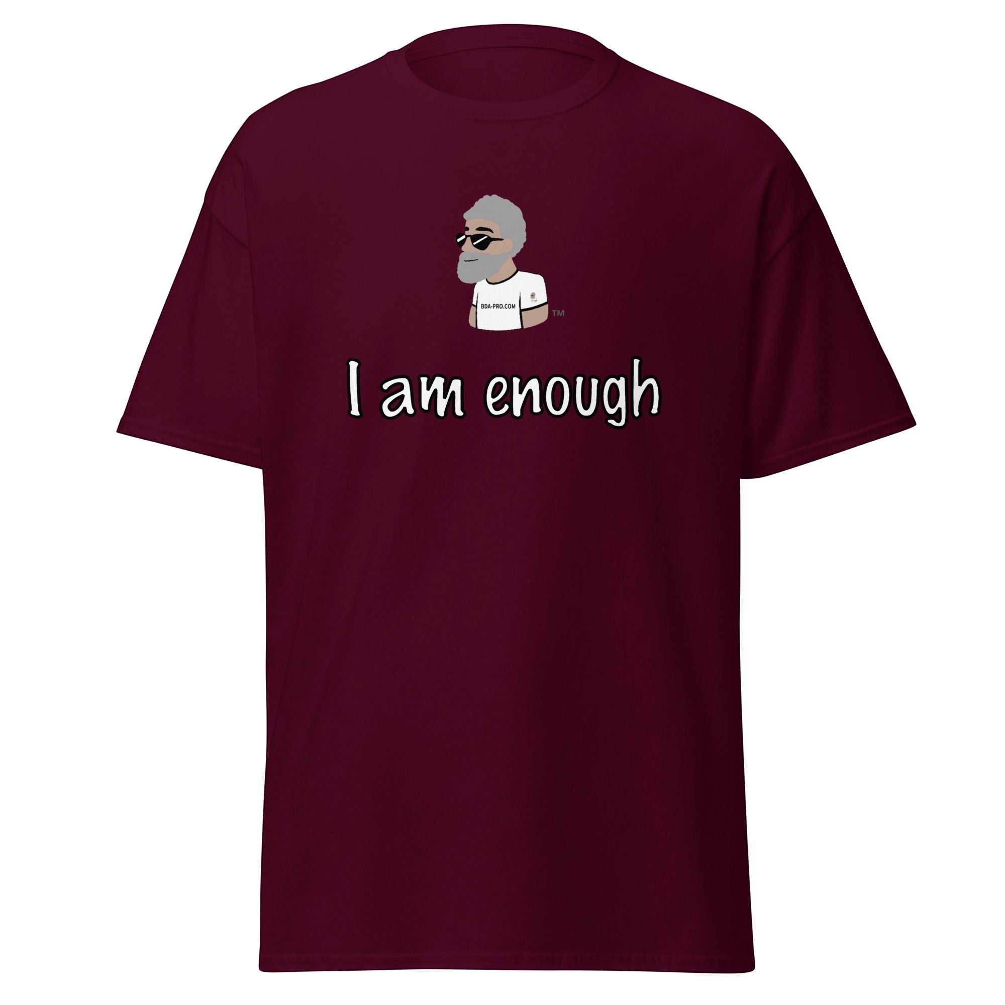 Big Daddy Allen Productions maroon cotton t-shirt with graphic I am enough and BDA logo