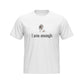 Big Daddy Allen Productions white graphic t-shirt with "I Am Enough" slogan and cartoon man.