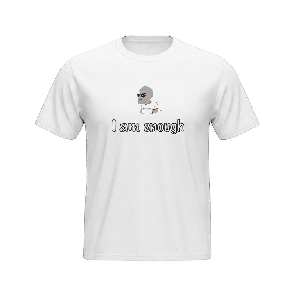 Big Daddy Allen Productions white graphic t-shirt with "I Am Enough" slogan and cartoon man.
