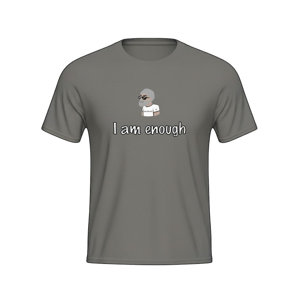 Big Daddy Allen Productions grey graphic t-shirt with "I am enough" text and cartoon character.