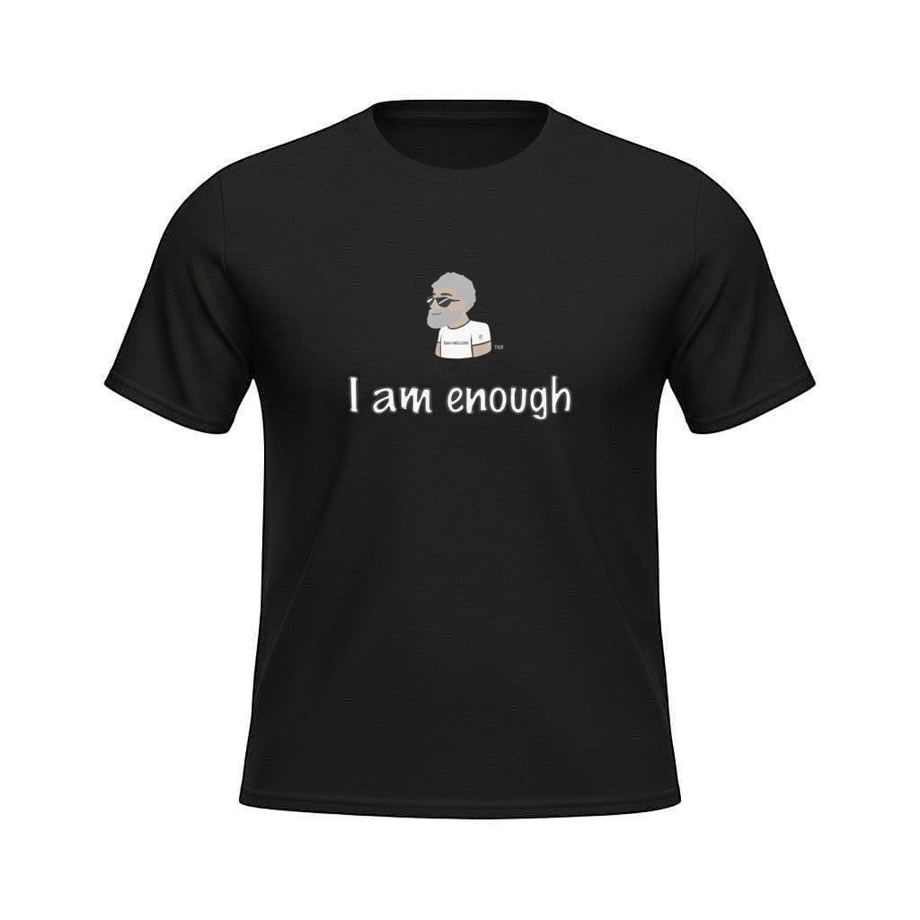 Big Daddy Allen Productions black graphic t-shirt with "I am enough" slogan and a cartoon man.