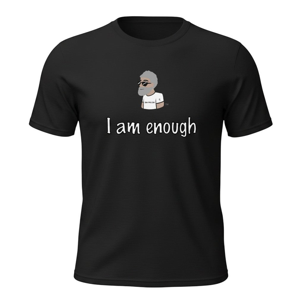 Big Daddy Allen Productions black cotton t-shirt with "I Am Enough" graphic and cartoon character.