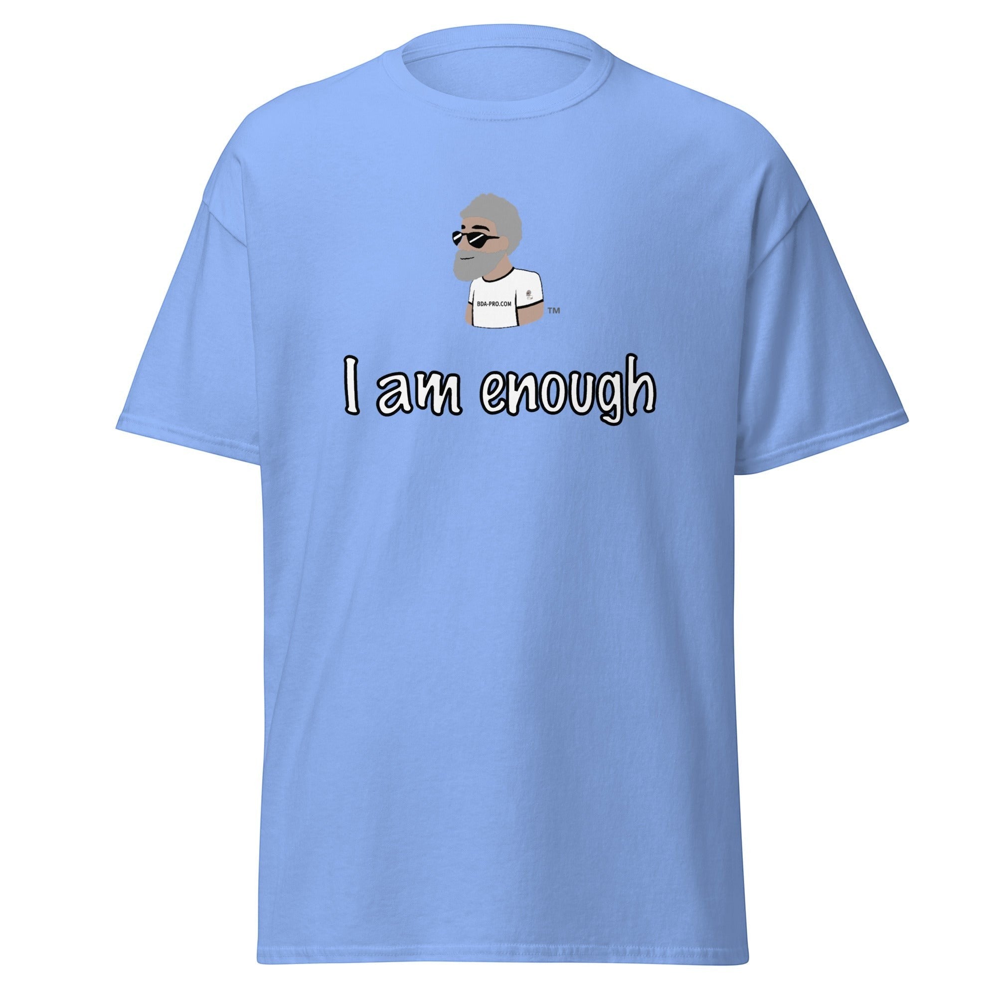 Big Daddy Allen Productions light blue cotton t-shirt with graphic I am enough and BDA logo