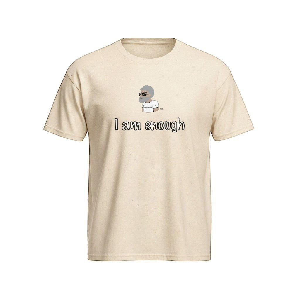 Big Daddy Allen Productions cream graphic t-shirt with "I am enough" text and cartoon character.