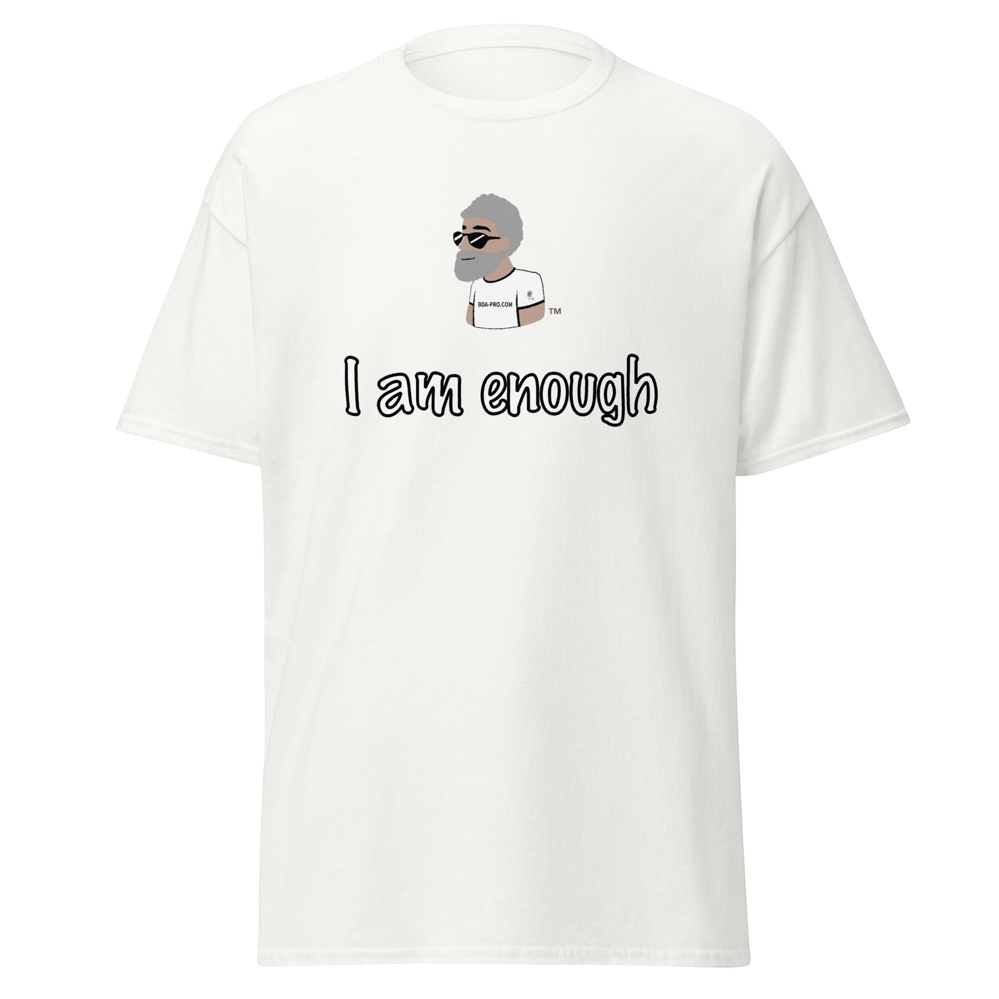 Big Daddy Allen Productions white cotton t-shirt with graphic I am enough and BDA logo